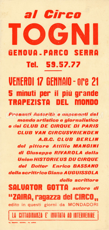 Cesare-Oscar Togni Circus Poster - Italy, 1964
