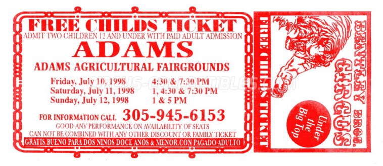Bentley Bros. Circus Circus Ticket/Flyer - USA 1998