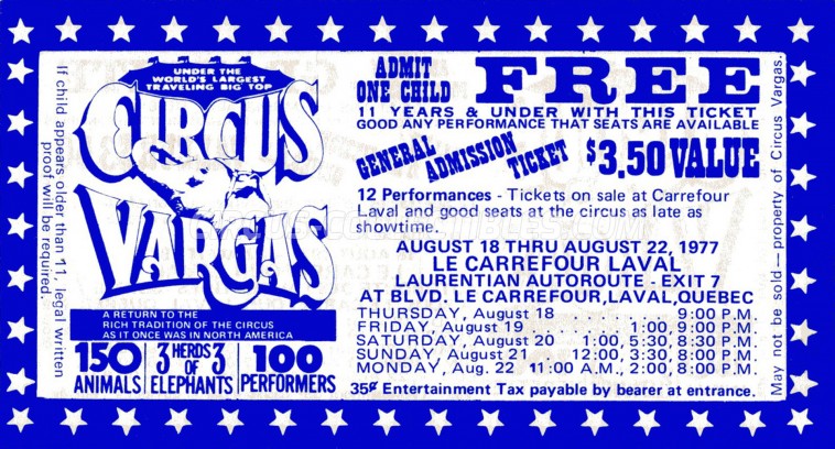 Vargas Circus Ticket/Flyer - Canada 1977