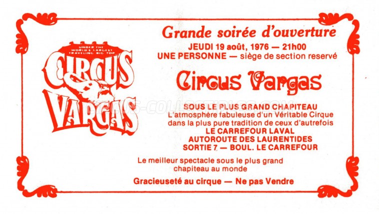 Vargas Circus Ticket/Flyer - Canada 1976
