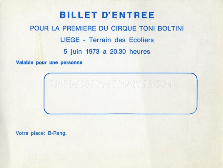 Toni Boltini Circus Ticket/Flyer - Belgium 1973