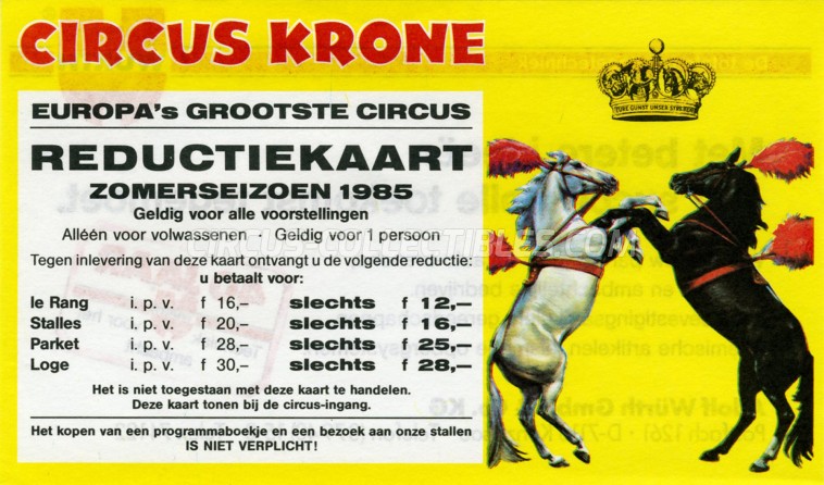 Krone Circus Ticket/Flyer - Netherlands 1985