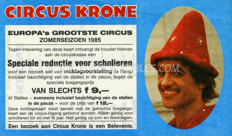 Krone Circus Ticket/Flyer - Netherlands 1985