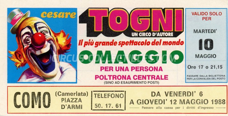Cesare Togni Circus Ticket/Flyer - Italy 1988
