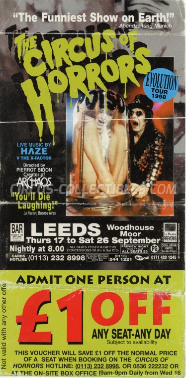 The Circus of Horrors (UK) Circus Ticket/Flyer - England 1998