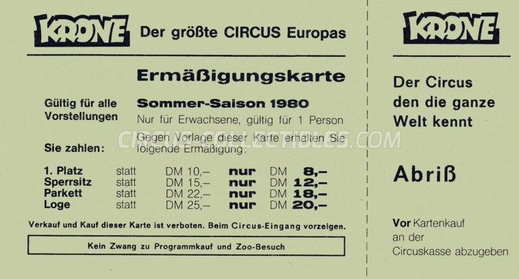 Krone Circus Ticket/Flyer -  1980
