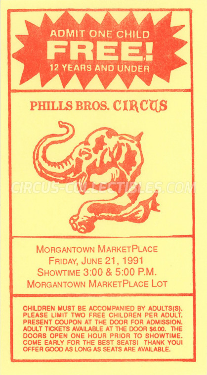 Phills Bros. Circus Circus Ticket/Flyer - USA 1991