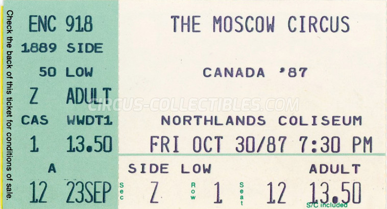 Moscow State Circus Circus Ticket/Flyer - Canada 1987