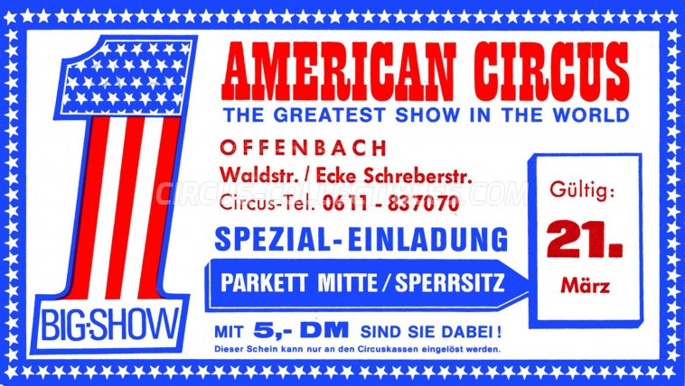 American Circus (Togni) Circus Ticket/Flyer - Germany 1980