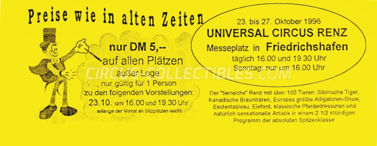 Universal Renz Circus Ticket/Flyer - Germany 1996
