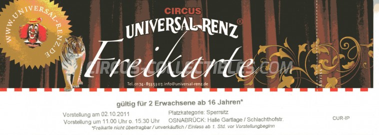 Universal Renz Circus Ticket/Flyer - Germany 2011