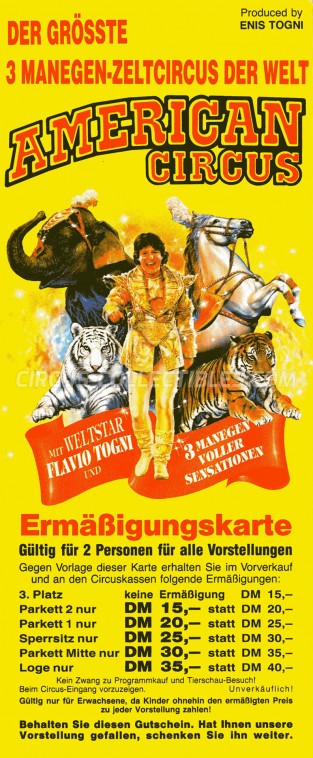 American Circus (Togni) Circus Ticket/Flyer - Germany 1992
