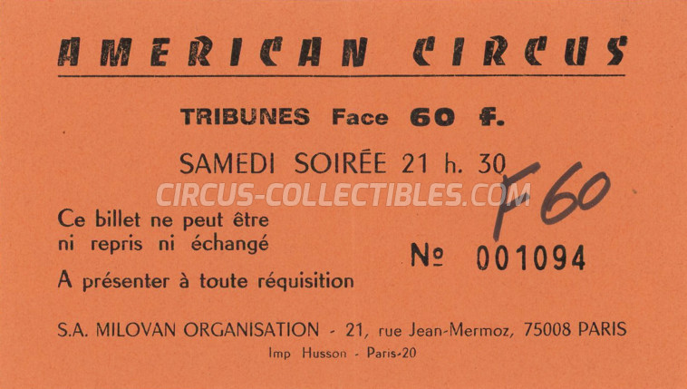 American Circus (Togni) Circus Ticket/Flyer - France 1980