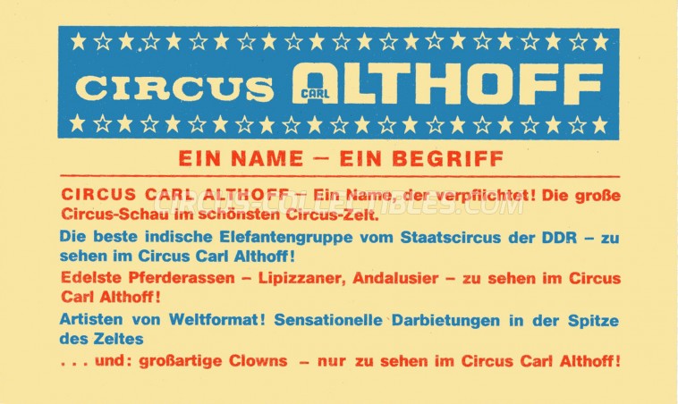 Carl Althoff Circus Ticket/Flyer -  0