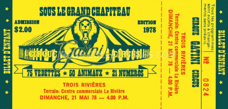 Gatini Circus Ticket/Flyer - Canada 1978