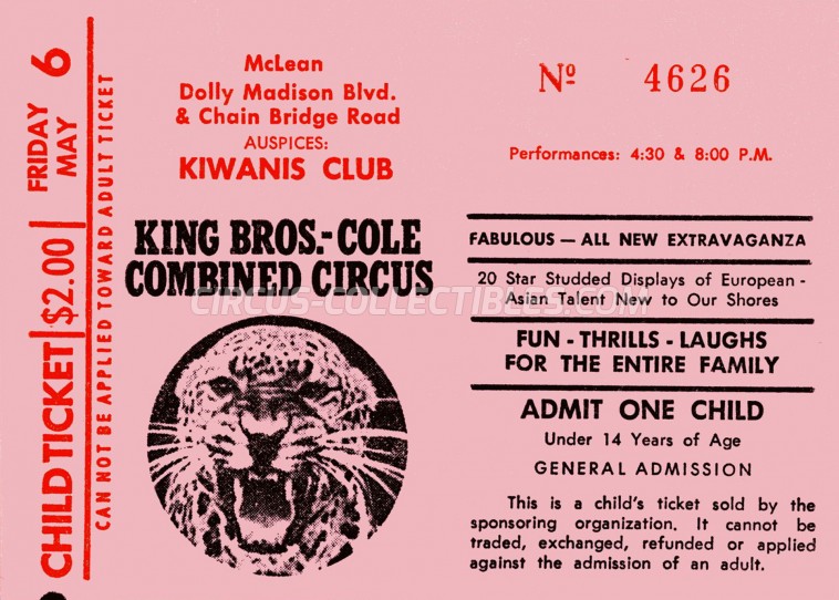 King Bros-Cole Combined Circus Circus Ticket/Flyer -  1977