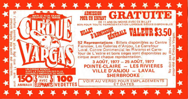 Vargas Circus Ticket/Flyer - Canada 1977