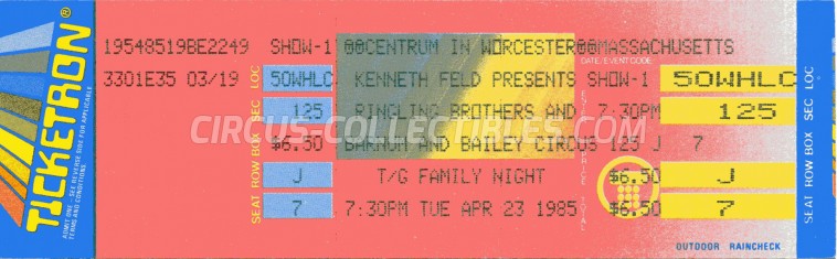Ringling Bros. and Barnum & Bailey Circus Circus Ticket/Flyer - USA 1985