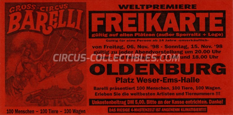 Barelli Circus Ticket/Flyer - Germany 1998