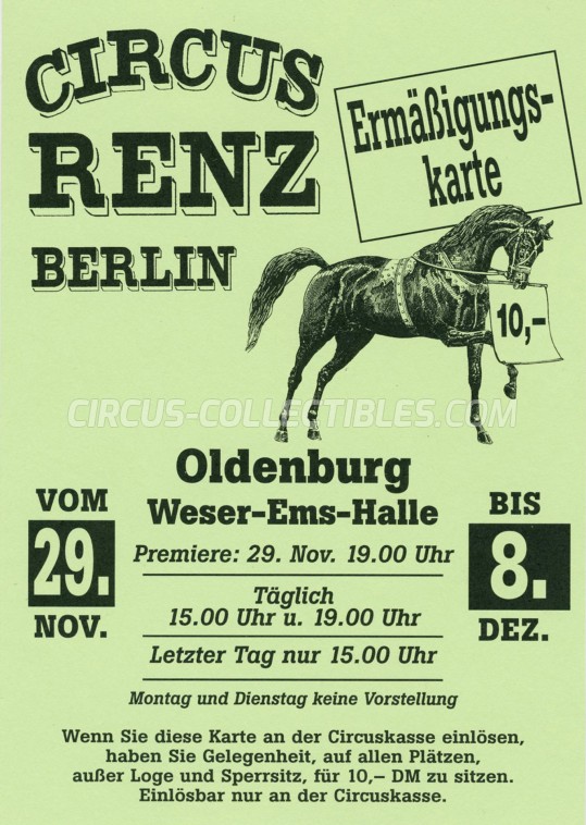 Renz Berlin Circus Ticket/Flyer - Germany 0