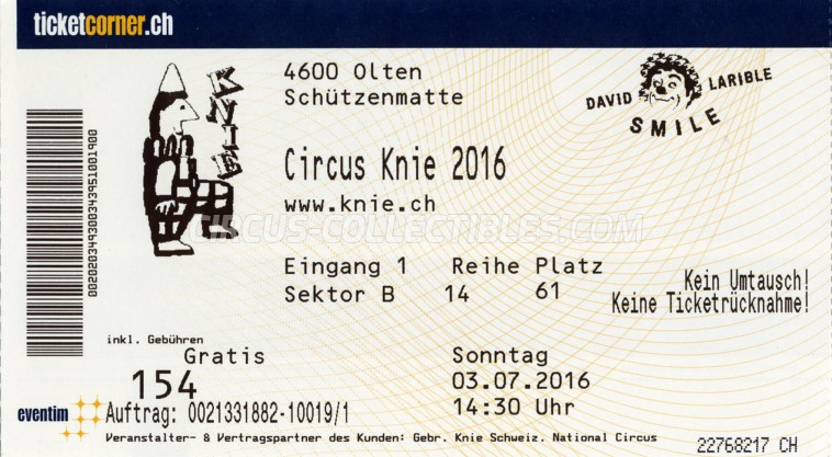 Knie Circus Ticket/Flyer - Switzerland 2016