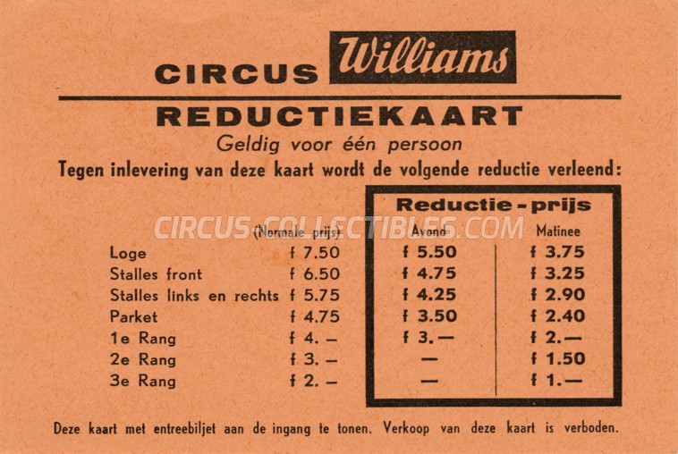 Williams Circus Ticket/Flyer - Netherlands 1961