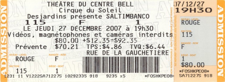 Cirque du Soleil Circus Ticket/Flyer - Canada 2007