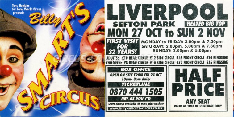 Billy Smart's Circus Circus Ticket/Flyer - England 2003