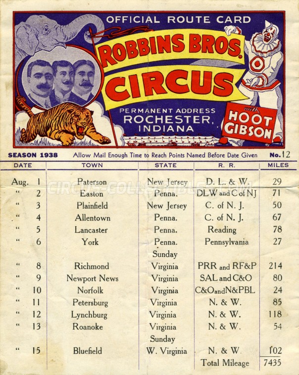 Robbins Bros. Circus Circus Ticket/Flyer -  1938