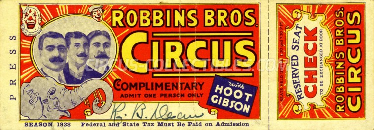 Robbins Bros. Circus Circus Ticket/Flyer -  1938