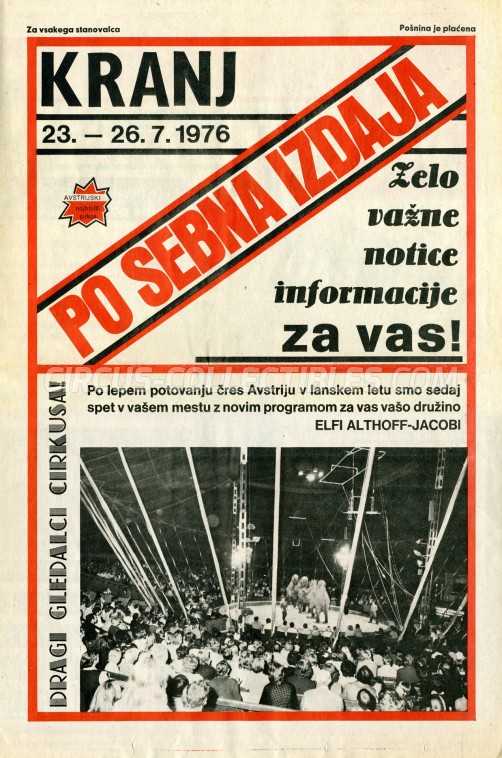 Elfi Althoff-Jacobi Circus Ticket/Flyer - Slovenia 1976