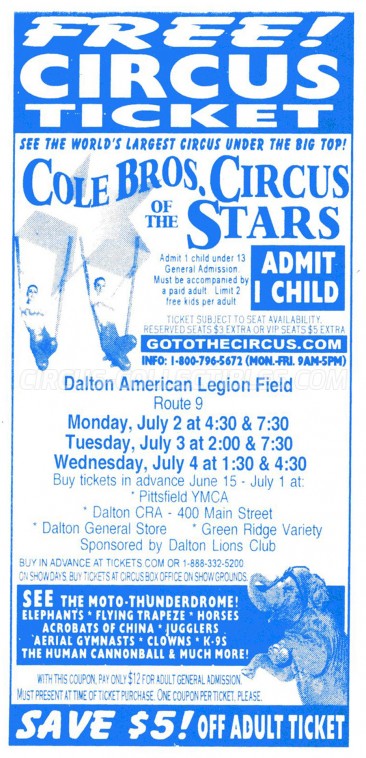 Cole Bros. Circus Circus Ticket/Flyer - USA 2012