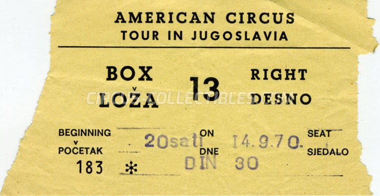 American Circus (Togni) Circus Ticket/Flyer - Croatia 1970