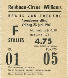 Circus Williams Circus Ticket - 1961